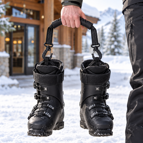 Skier carrying two ski boots in one hand with the Alpine Boot Carrier