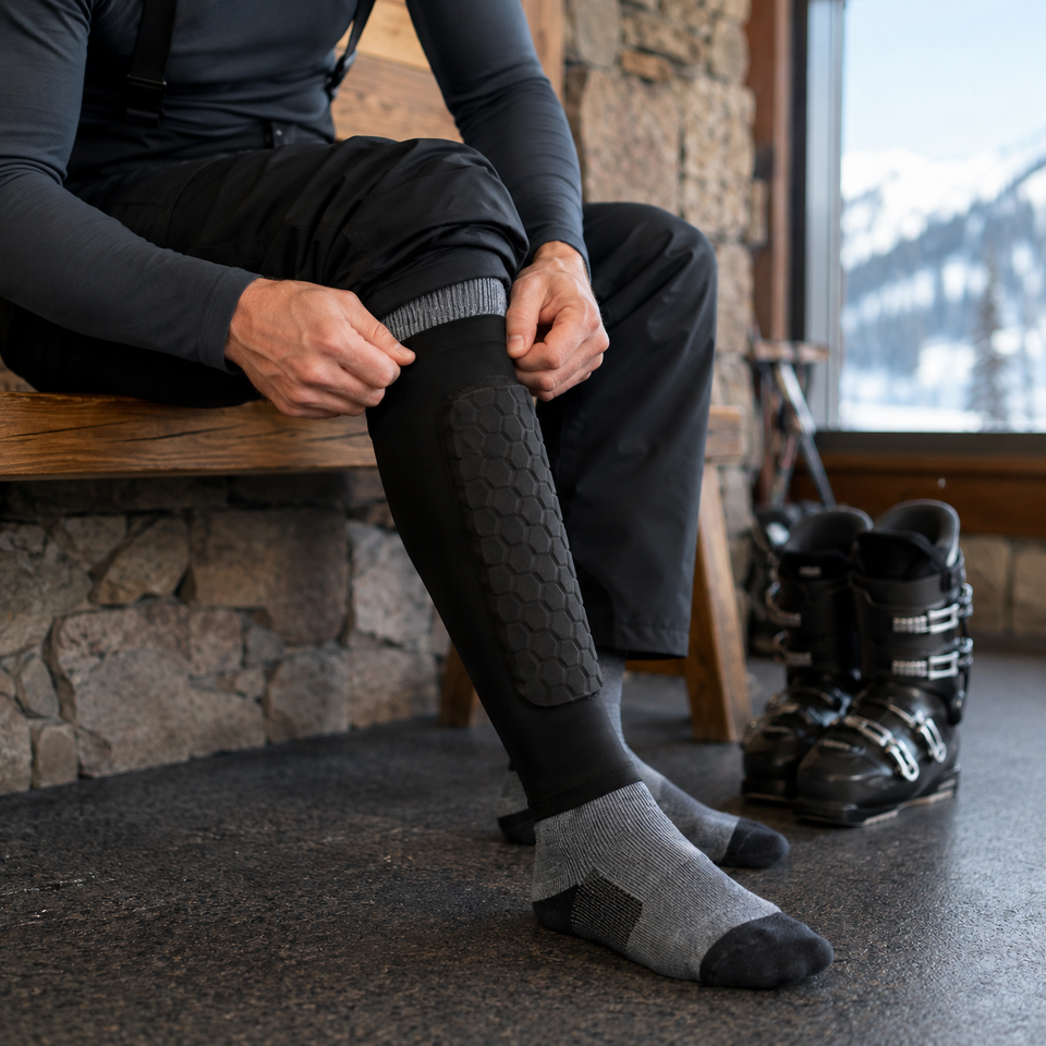Alpine Guards shin pad centered over the front of the leg