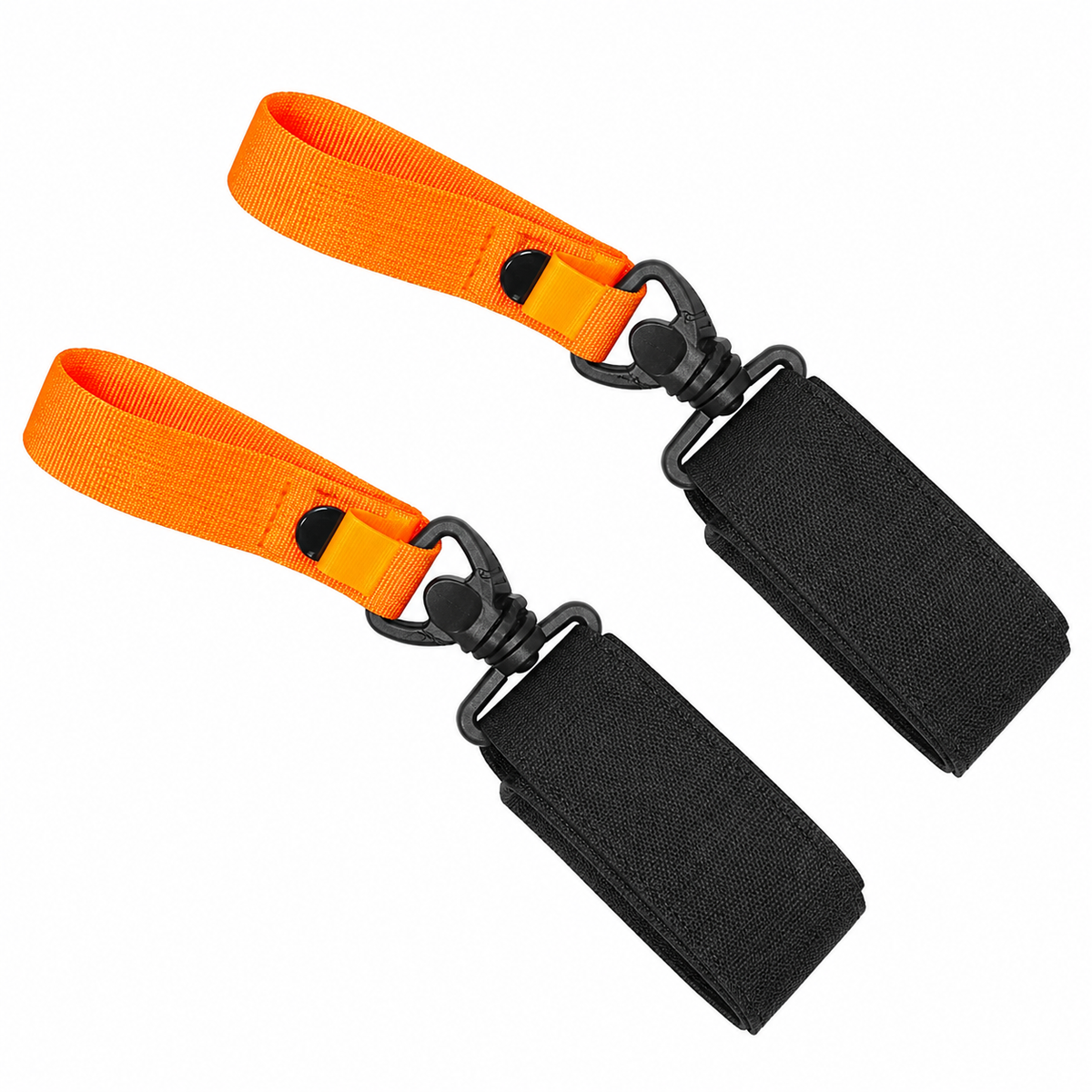 Close-up of the orange wraps and black protective pads on the Alpine Ski and Pole Carrier