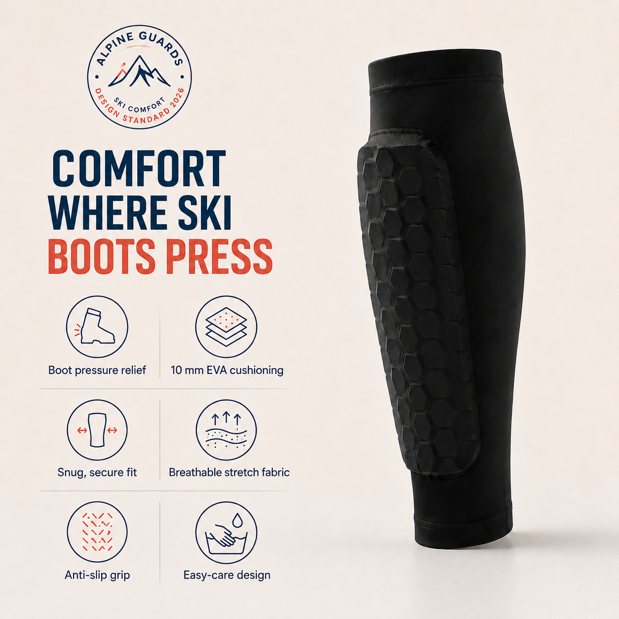 Alpine Guards benefit guide showing boot pressure relief, 10 mm EVA cushioning, a snug fit, breathable stretch fabric, anti-slip grip and easy-care hand washing