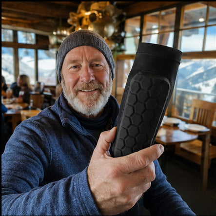 Skier at a mountain lodge holding a black Alpine Guards sleeve