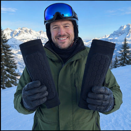 Skier holding an Alpine Guards sleeve before a mountain day